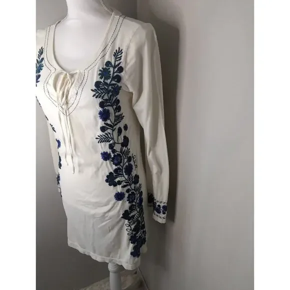 Johnny Was floral embroidery long sleeve med tie front tunic top - Picture 2 of 11